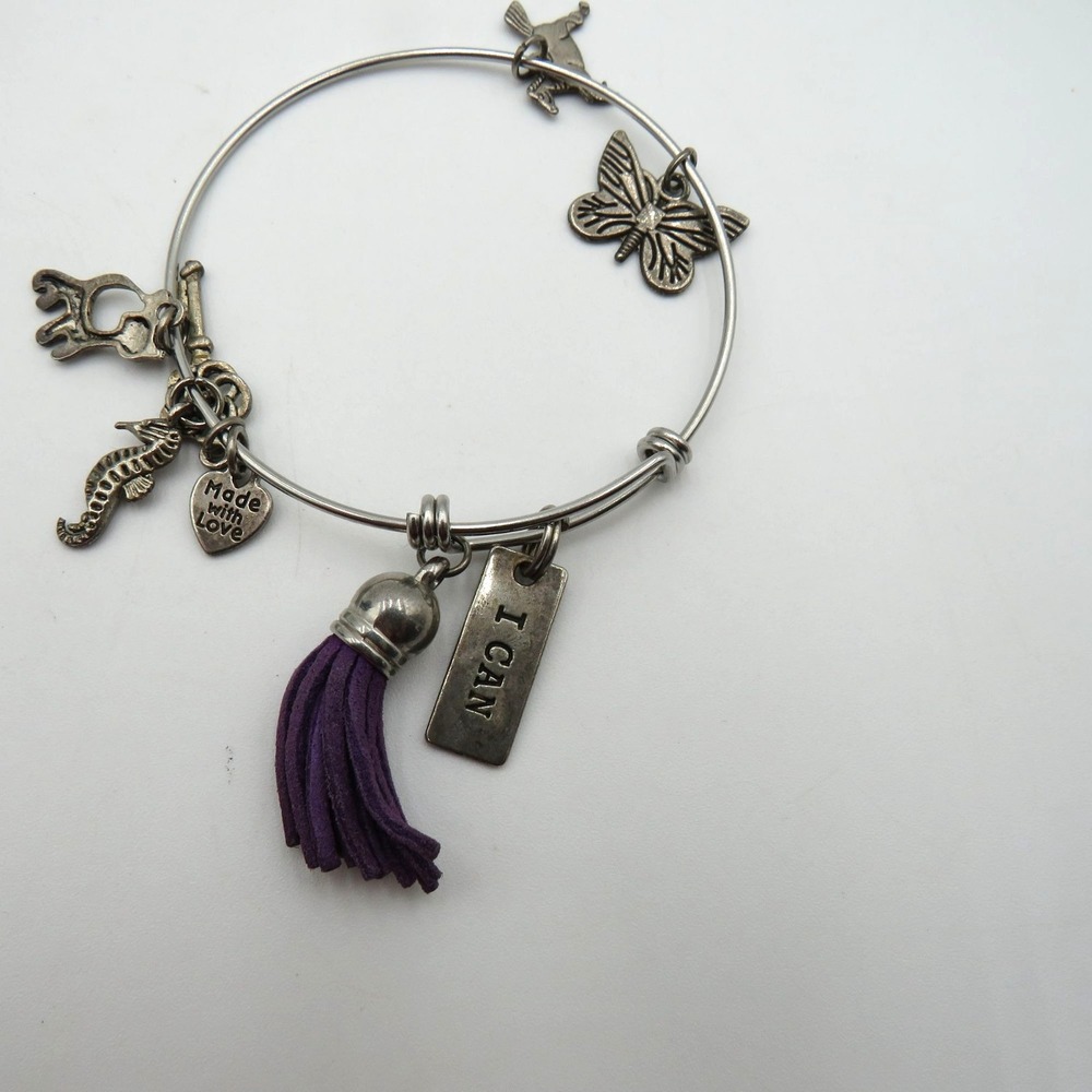 Expandable Charm Bangle Bracelet Inspirational "I Can"‎ Message Purple Tassel